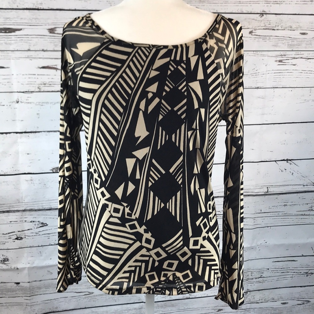 Cable & Gauge- Tan/black abstract bell sleeve top